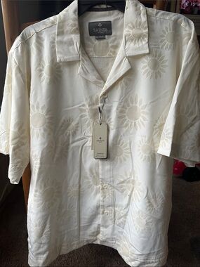 Men's Ivory Sunflower Short Sleeve Button-Down Shirt‎ with shorts swimwear Sz XL